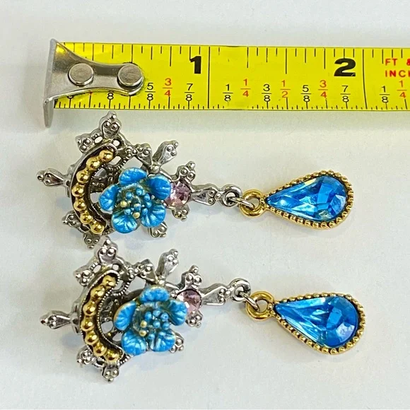 Vintage 1928 Blue Floral Drop Earrings Pink Accent Teardrop Crystal 2" - Picture 2 of 9